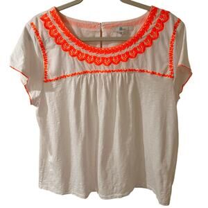 Boden Orange White Embroidered Peasant Jersey Top, size 14